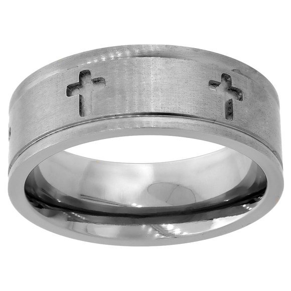 8mm Titanium Wedding Band Cross Ring Deep Carving Grooved Edges Flat Comfort Fit